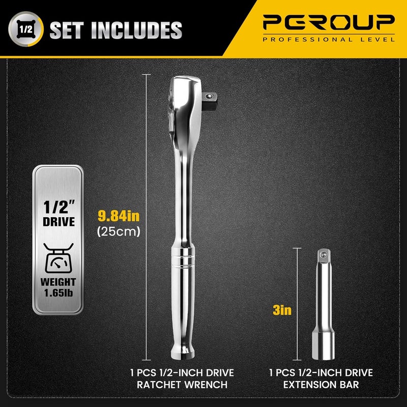 pgroup 1/2-Inch Drive Ratchet Wrench, 90-Tooth Quick-release Reversible Ratchet Wrench with an Extension Bar(3 inch), 10" Long Socket wrench, 4-Degree Swing, Full Polished, Cr-Mo Head For Gifting, Repairing - Image 2
